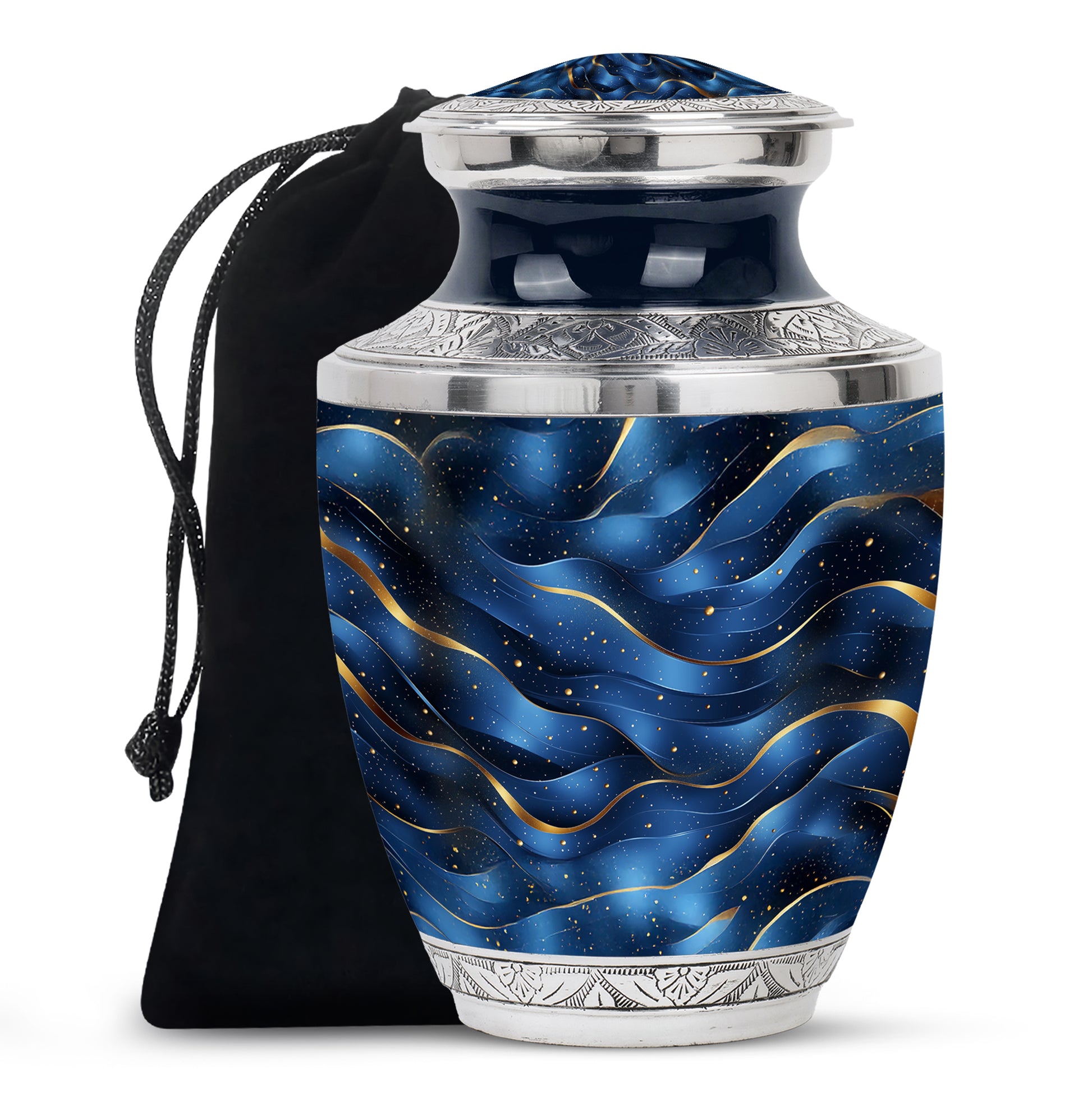 Powder Blue Blue Cremation Urn side profile showing urn shape - modern art-inspired blue motif on sleek aluminum - full-size 10 inch 200 cubic inch adult cremation urn