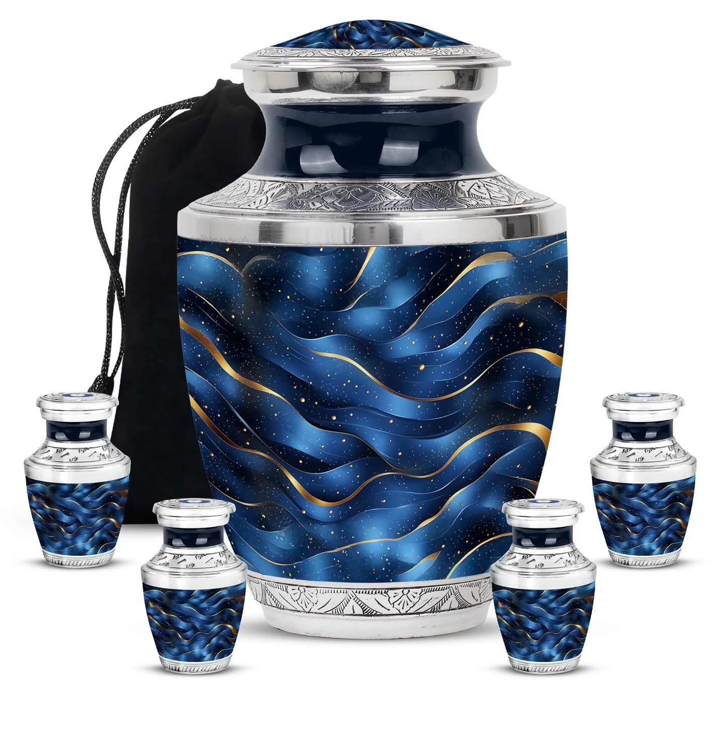 Sky Blue Blue Cremation Urn lifestyle display on memorial shelf - modern art-inspired blue motif on sleek aluminum - memorial set with one large and four small urns