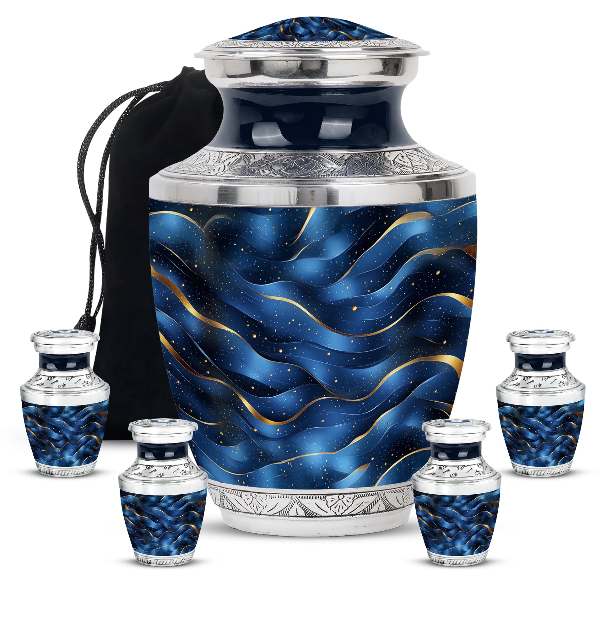 Sky Blue Blue Cremation Urn lifestyle display on memorial shelf - modern art-inspired blue motif on sleek aluminum - memorial set with one large and four small urns