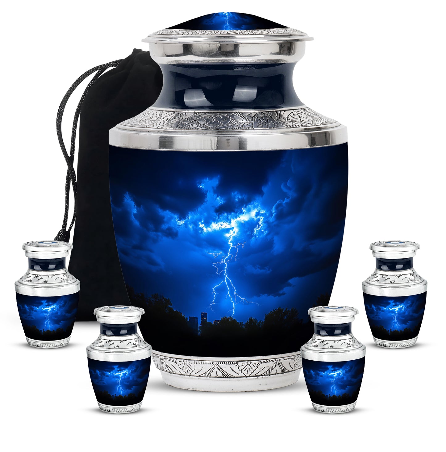 Slate Blue Blue Cremation Urn lifestyle display on memorial shelf - contemporary blue design with modern artistic flair - memorial set with one large and four small urns