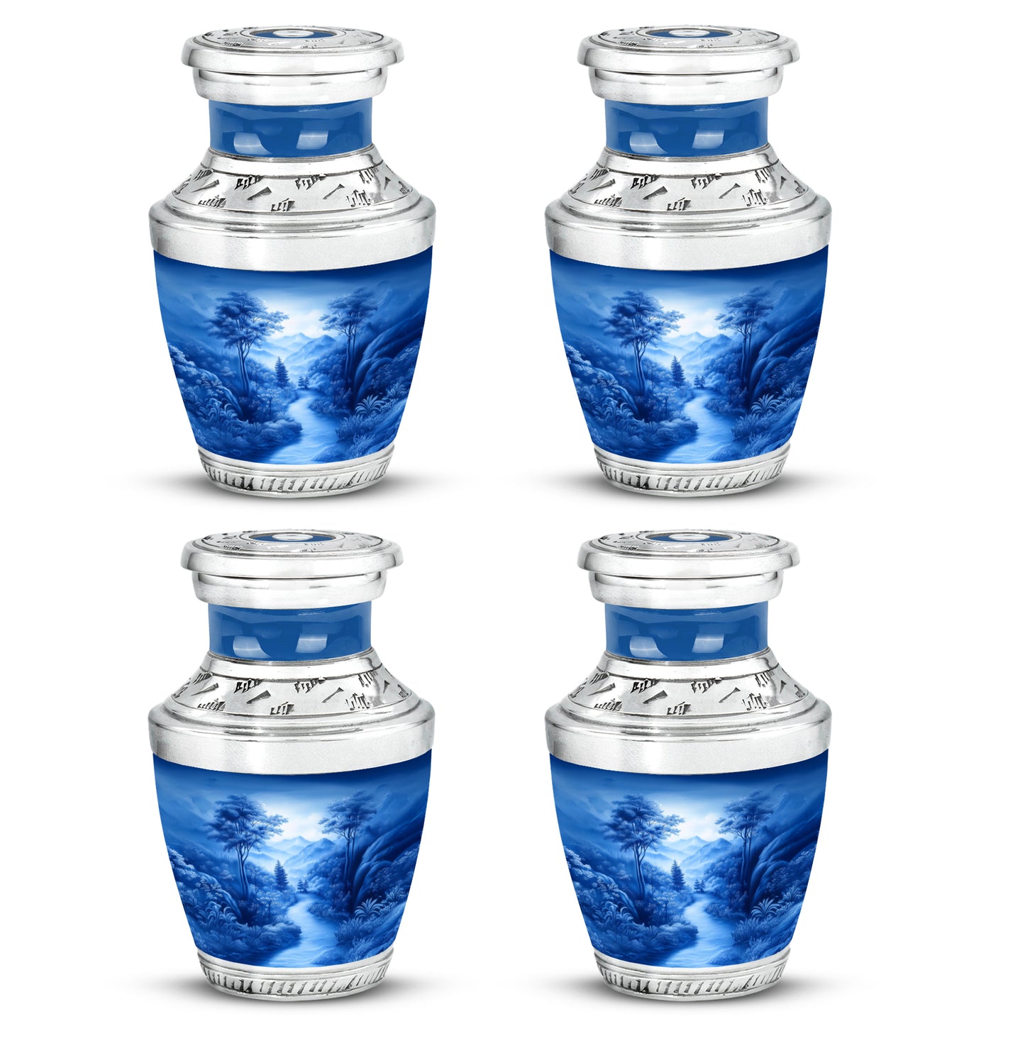 Serene Blue Blue Cremation Urn back view with polished surface - stylized abstract blue pattern with bold lines - 10 inch aluminum urn for cremated remains