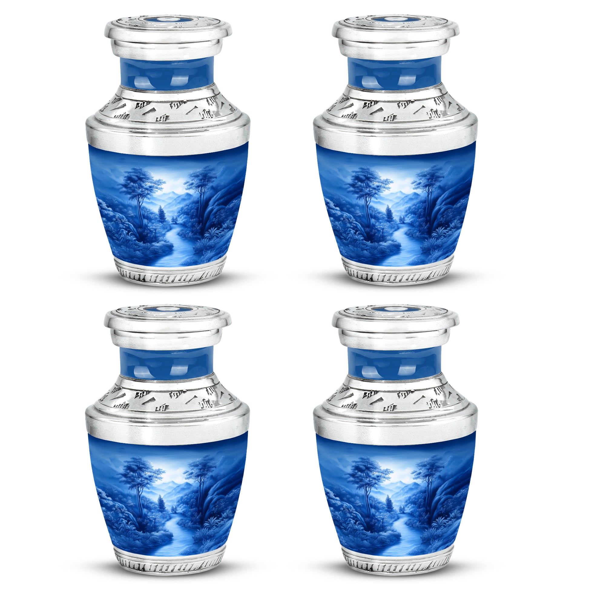 Serene Blue Blue Cremation Urn back view with polished surface - stylized abstract blue pattern with bold lines - 10 inch aluminum urn for cremated remains