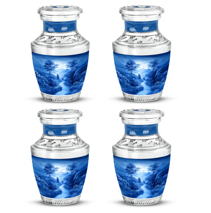 Serene Blue Blue Cremation Urn back view with polished surface - stylized abstract blue pattern with bold lines - 10 inch aluminum urn for cremated remains