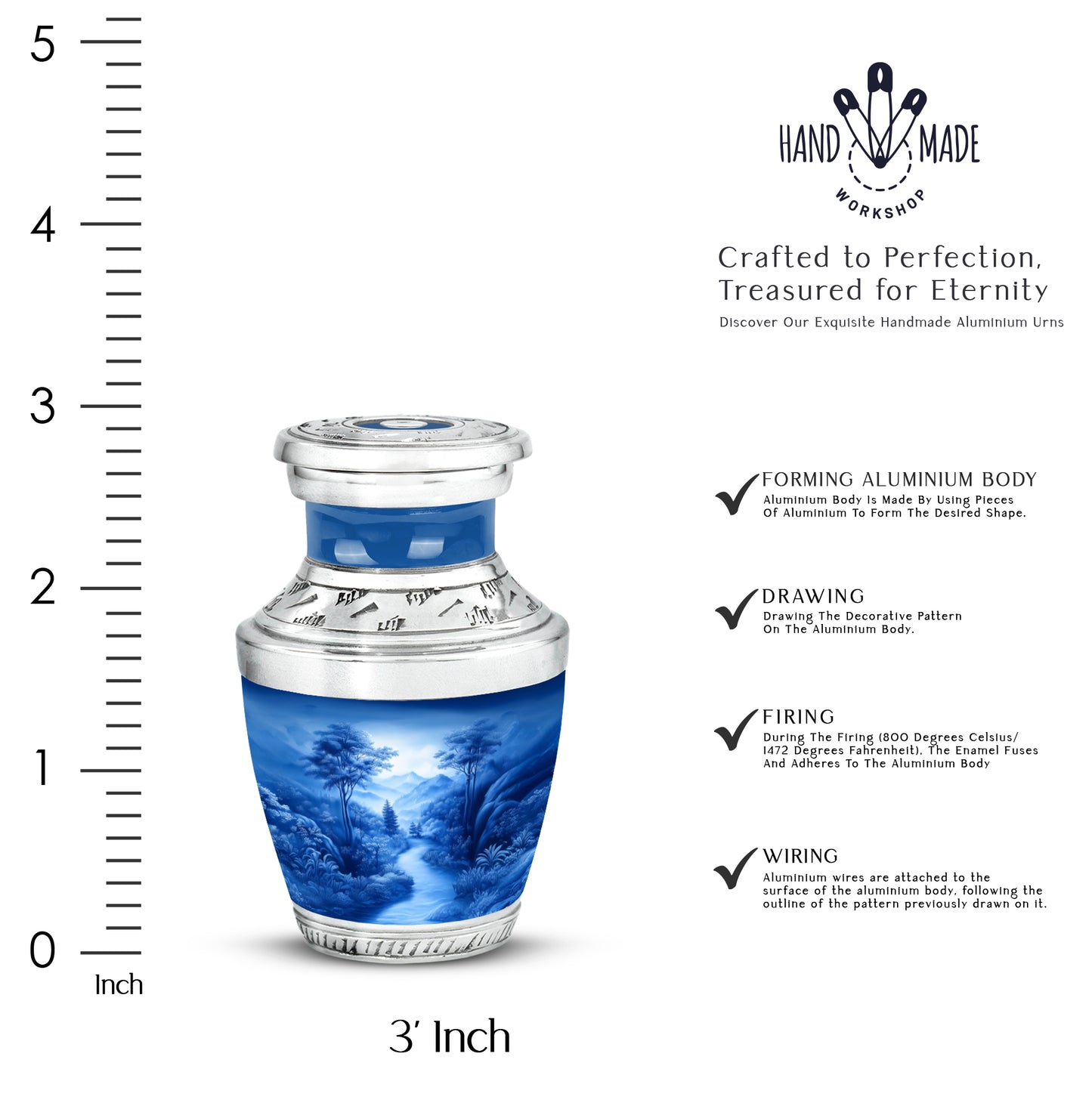 Cornflower Blue Blue Cremation Urn top-down view of secure threaded lid - artistic blue interpretation with creative detail - mini keepsake memorial for portion of cremation ashes