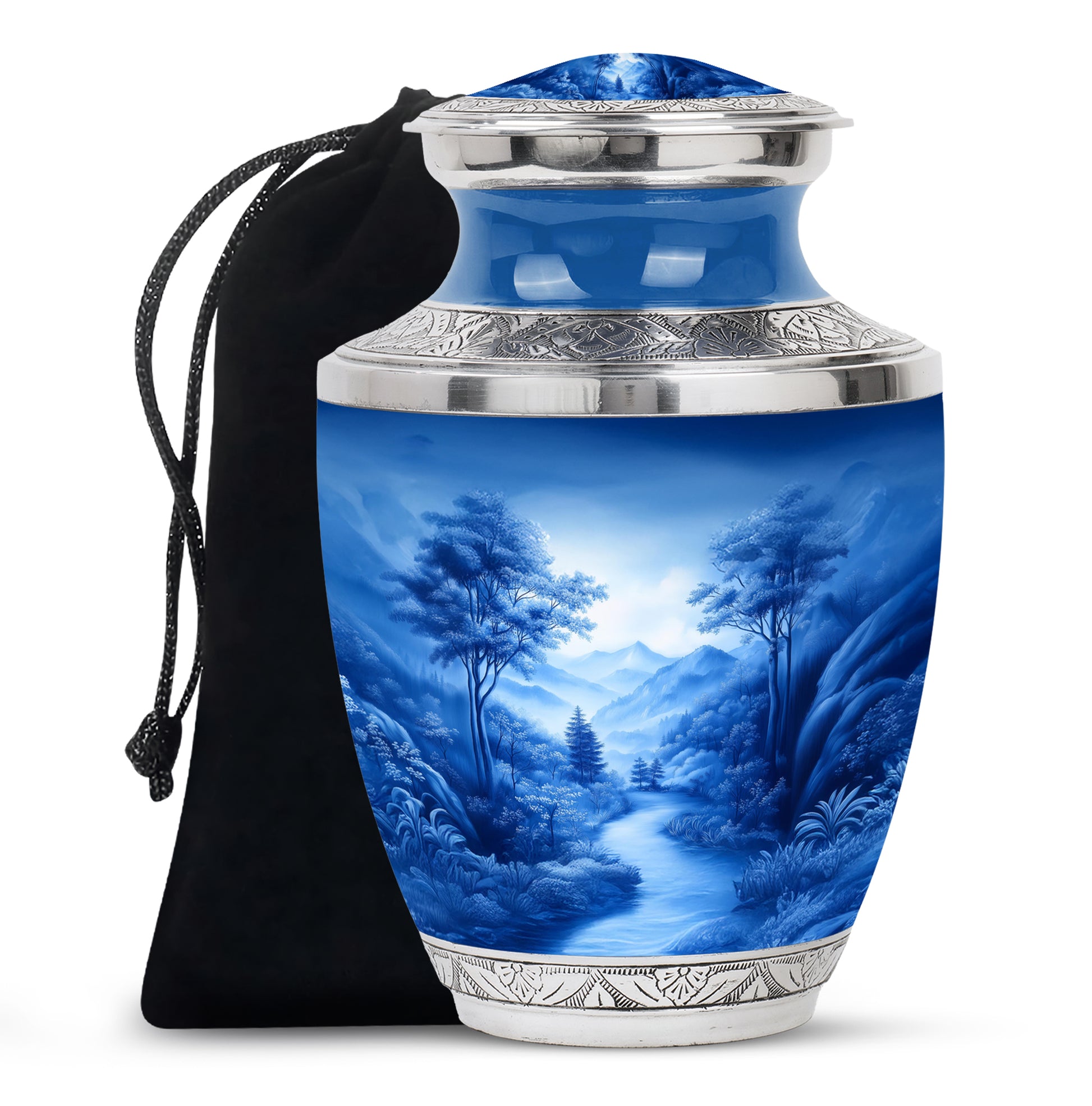 Vivid Blue Blue Cremation Urn side profile showing urn shape - artistic blue interpretation with creative detail - full-size 10 inch 200 cubic inch adult cremation urn