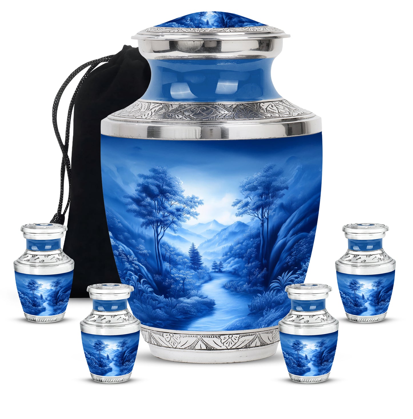 Calming Blue Blue Cremation Urn lifestyle display on memorial shelf - artistic blue interpretation with creative detail - memorial set with one large and four small urns