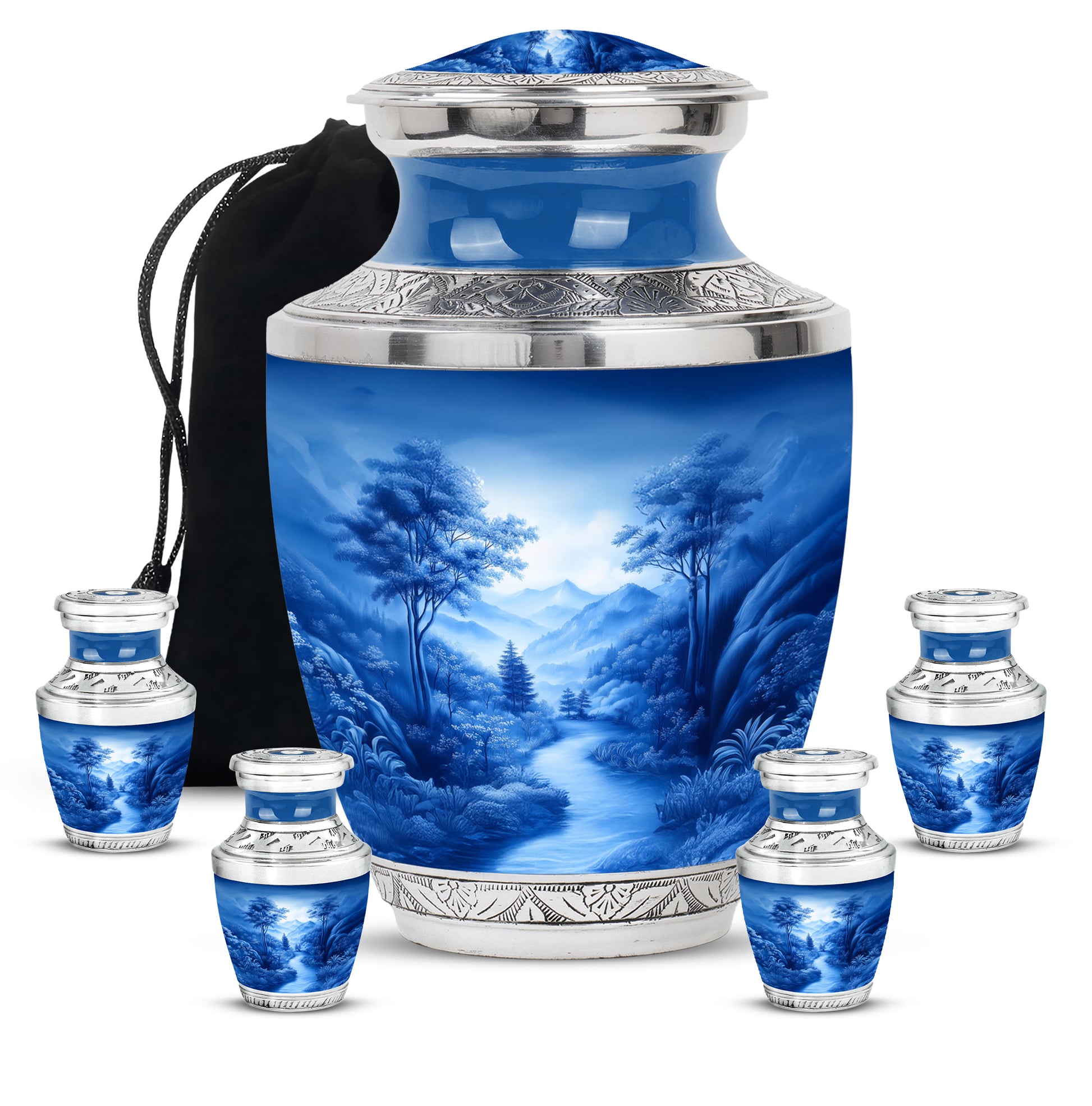 Calming Blue Blue Cremation Urn lifestyle display on memorial shelf - artistic blue interpretation with creative detail - memorial set with one large and four small urns