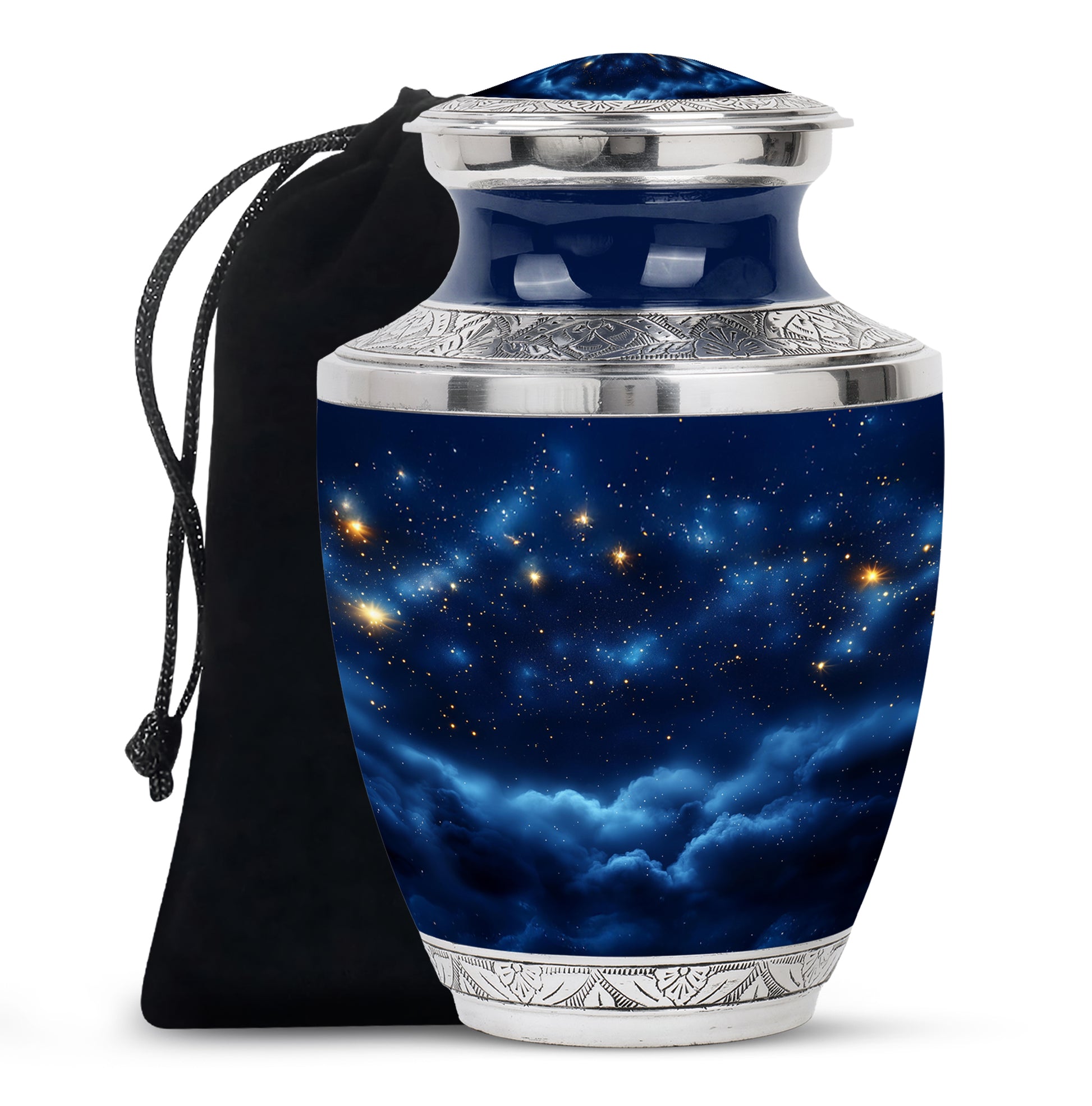 Steel Blue Blue Cremation Urn side profile showing urn shape - stylized abstract blue pattern with bold lines - full-size 10 inch 200 cubic inch adult cremation urn