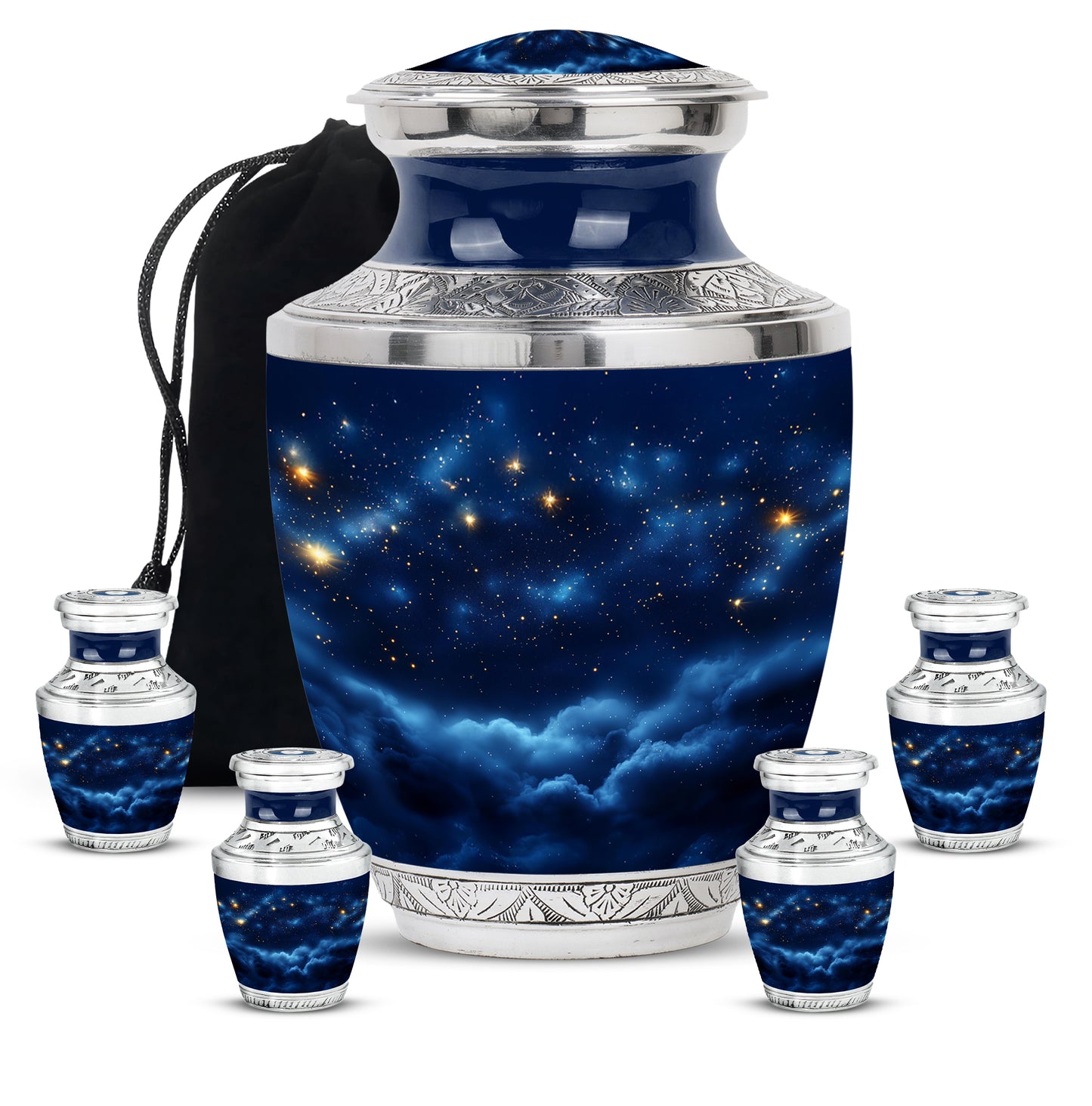 Powder Blue Blue Cremation Urn lifestyle display on memorial shelf - modern art-inspired blue motif on sleek aluminum - memorial set with one large and four small urns