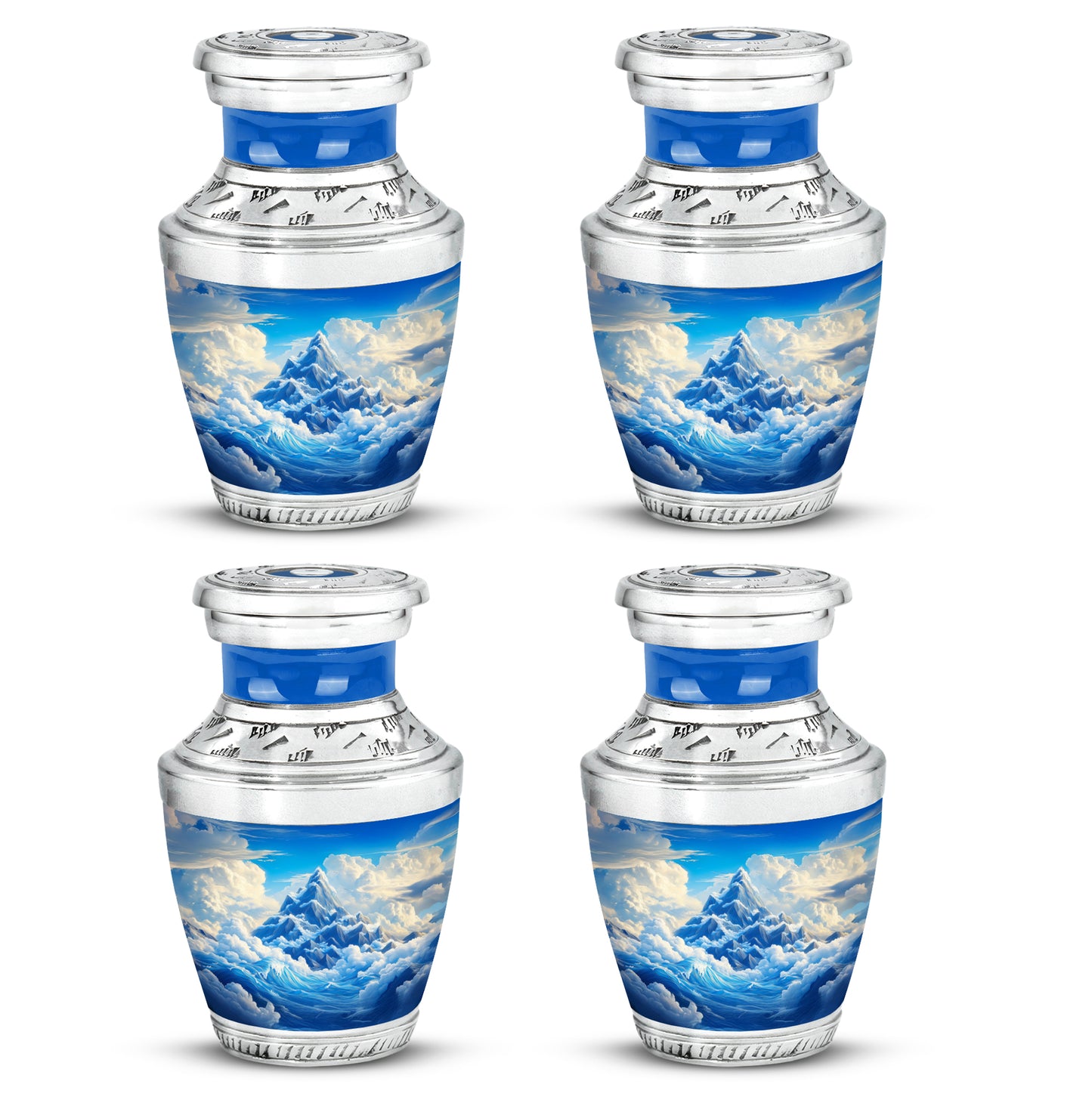 Serene Blue Blue Cremation Urn back view with polished surface - stylized abstract blue pattern with bold lines - 10 inch aluminum urn for cremated remains