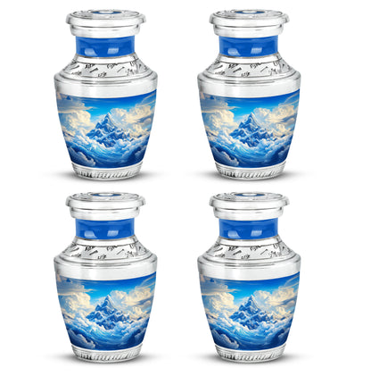 Serene Blue Blue Cremation Urn back view with polished surface - stylized abstract blue pattern with bold lines - 10 inch aluminum urn for cremated remains