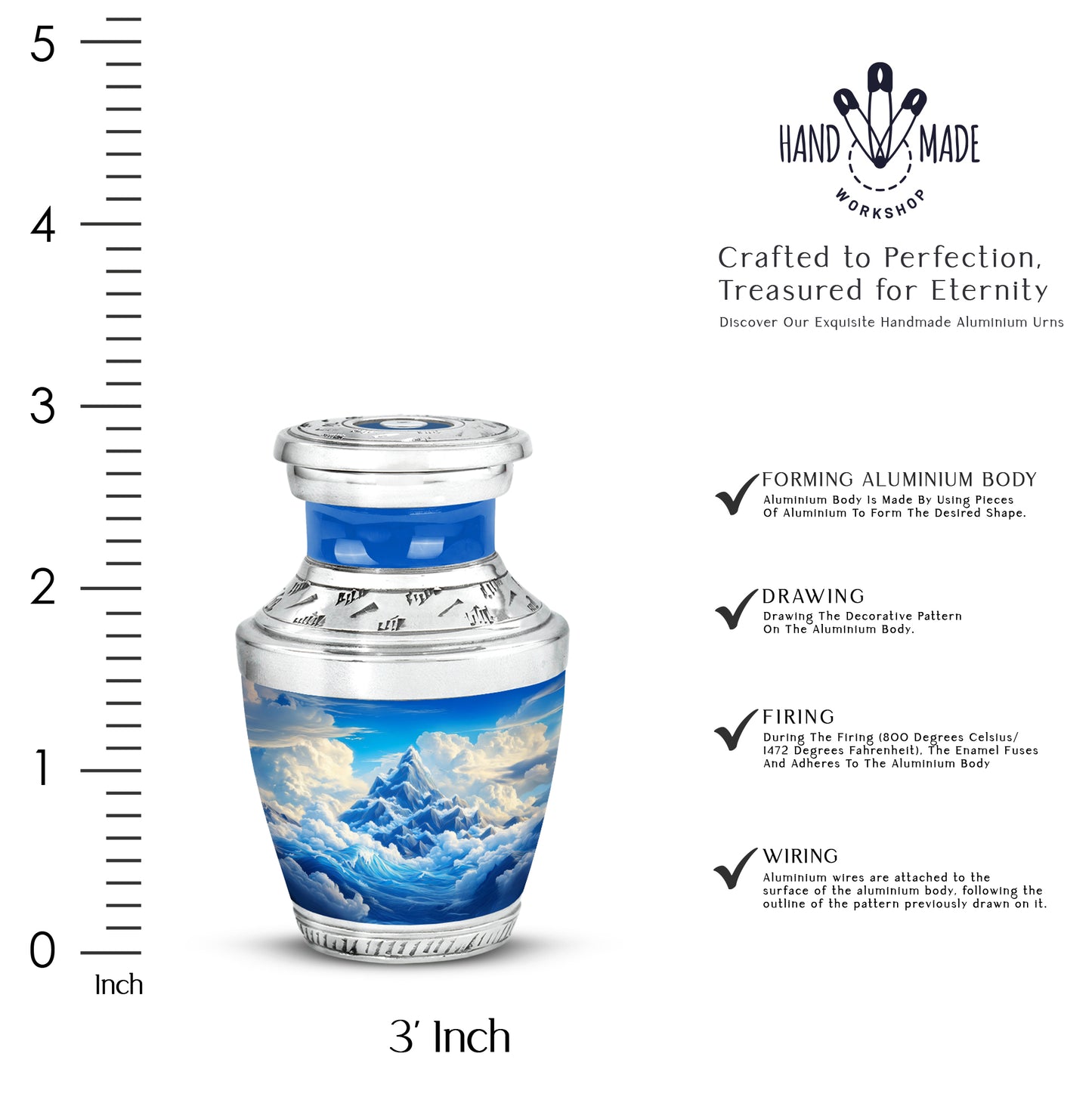 Sky Blue Blue Cremation Urn top-down view of secure threaded lid - modern art-inspired blue motif on sleek aluminum - mini keepsake memorial for portion of cremation ashes