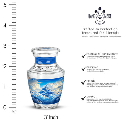 Sky Blue Blue Cremation Urn top-down view of secure threaded lid - modern art-inspired blue motif on sleek aluminum - mini keepsake memorial for portion of cremation ashes