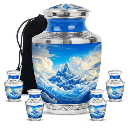 Azure Blue Cremation Urn lifestyle display on memorial shelf - contemporary blue design with modern artistic flair - memorial set with one large and four small urns