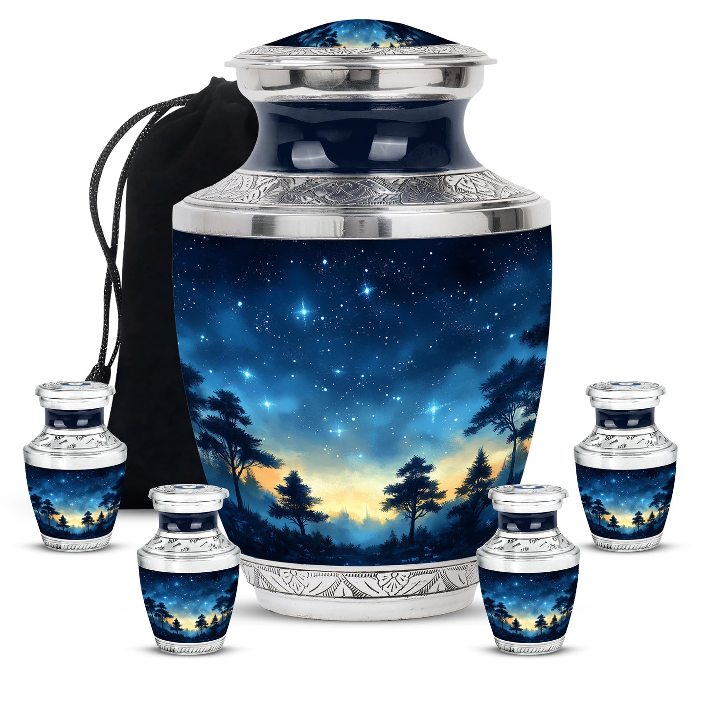 Azure Blue Cremation Urn lifestyle display on memorial shelf - contemporary blue design with modern artistic flair - memorial set with one large and four small urns
