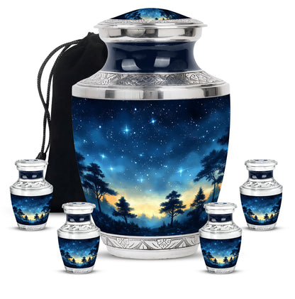 Azure Blue Cremation Urn lifestyle display on memorial shelf - contemporary blue design with modern artistic flair - memorial set with one large and four small urns
