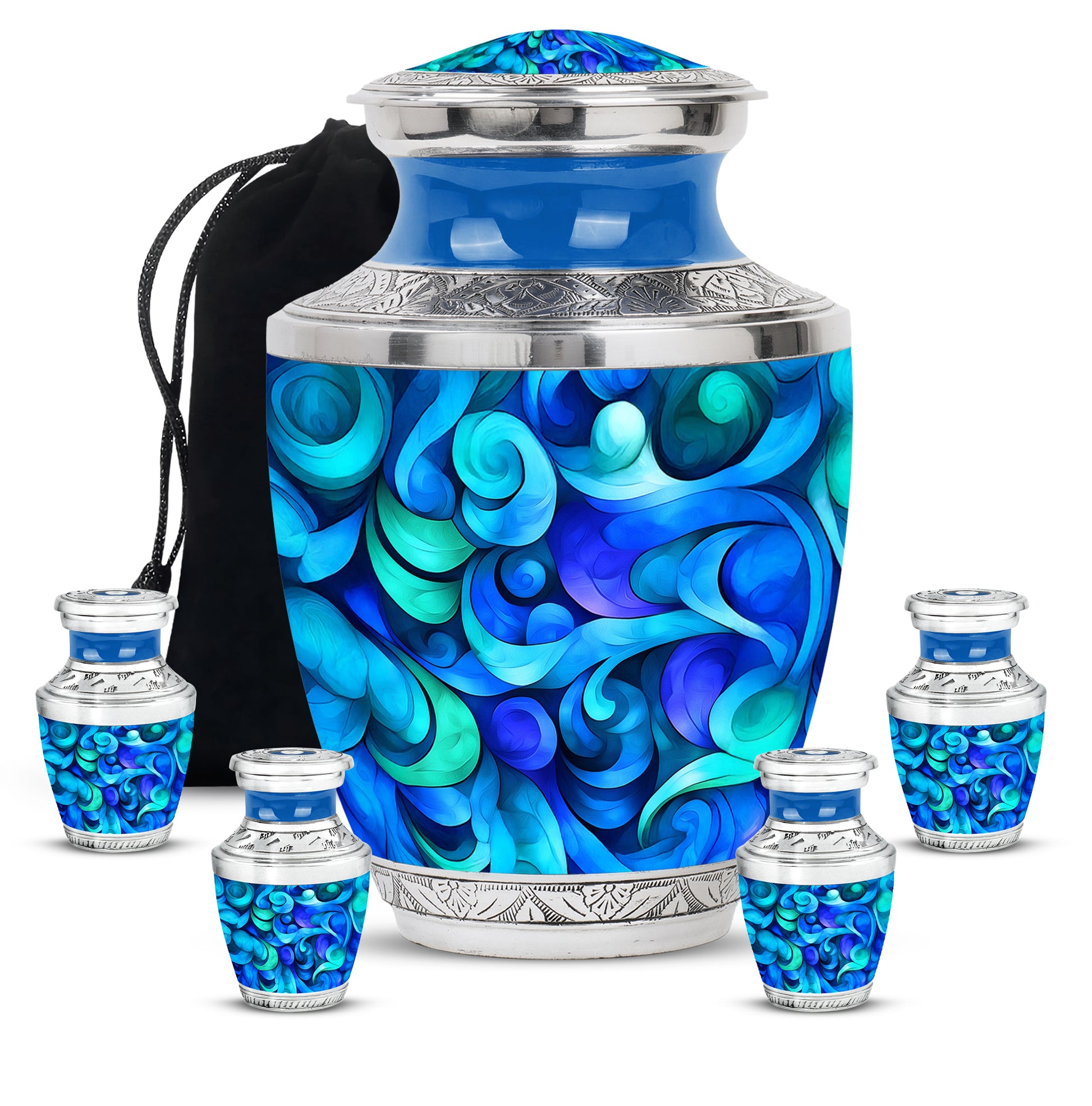 Vivid Blue Blue Cremation Urn lifestyle display on memorial shelf - artistic blue interpretation with creative detail - memorial set with one large and four small urns