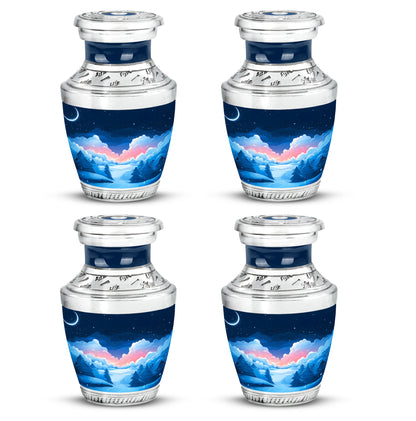 Bright Blue Blue Cremation Urn back view with polished surface - stylized abstract blue pattern with bold lines - 10 inch aluminum urn for cremated remains