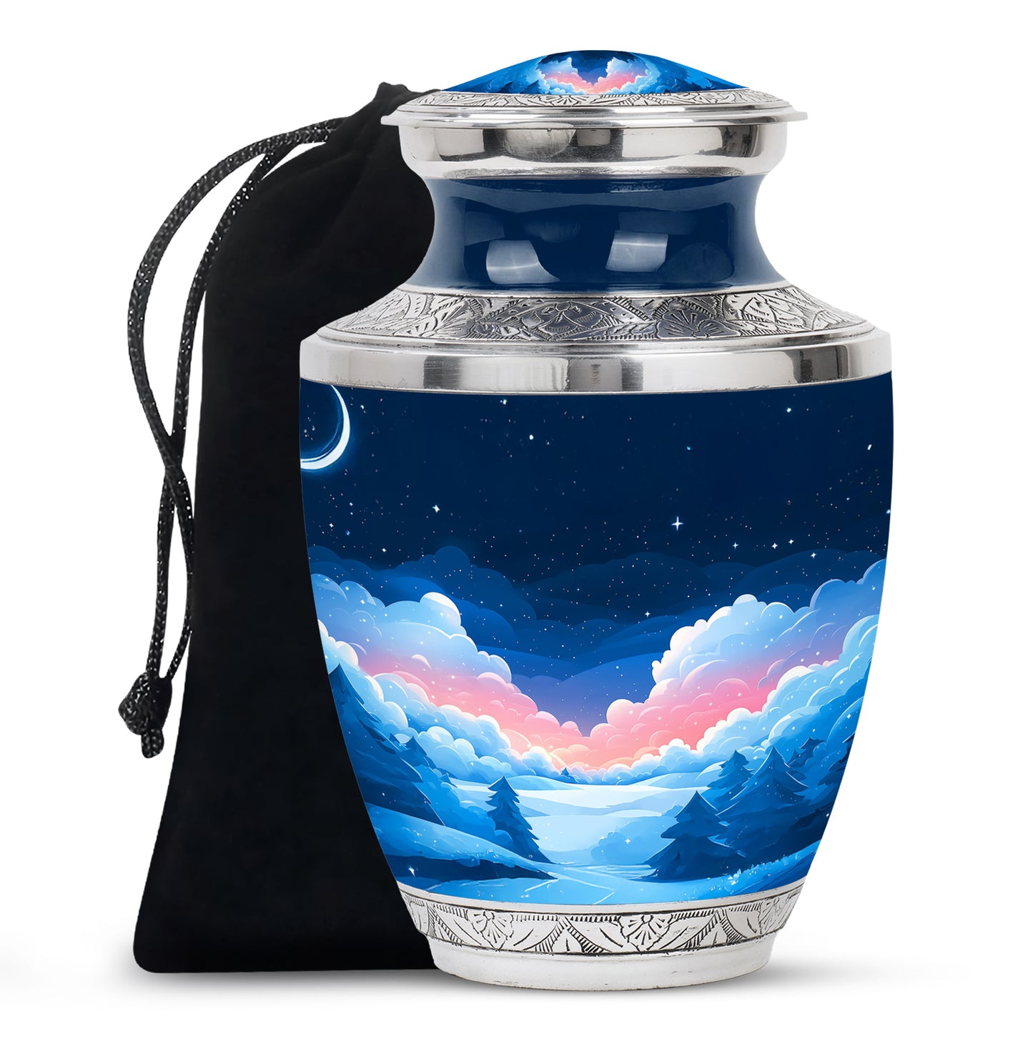 Bright Blue Blue Cremation Urn side profile showing urn shape - stylized abstract blue pattern with bold lines - full-size 10 inch 200 cubic inch adult cremation urn