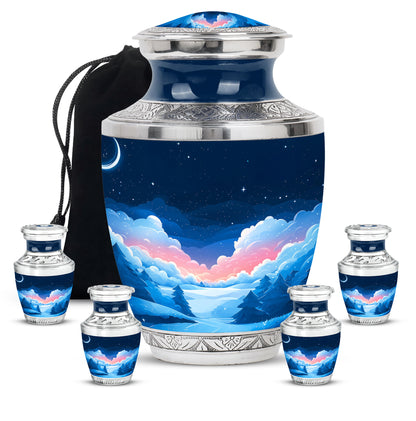 Sky Blue Blue Cremation Urn lifestyle display on memorial shelf - modern art-inspired blue motif on sleek aluminum - memorial set with one large and four small urns