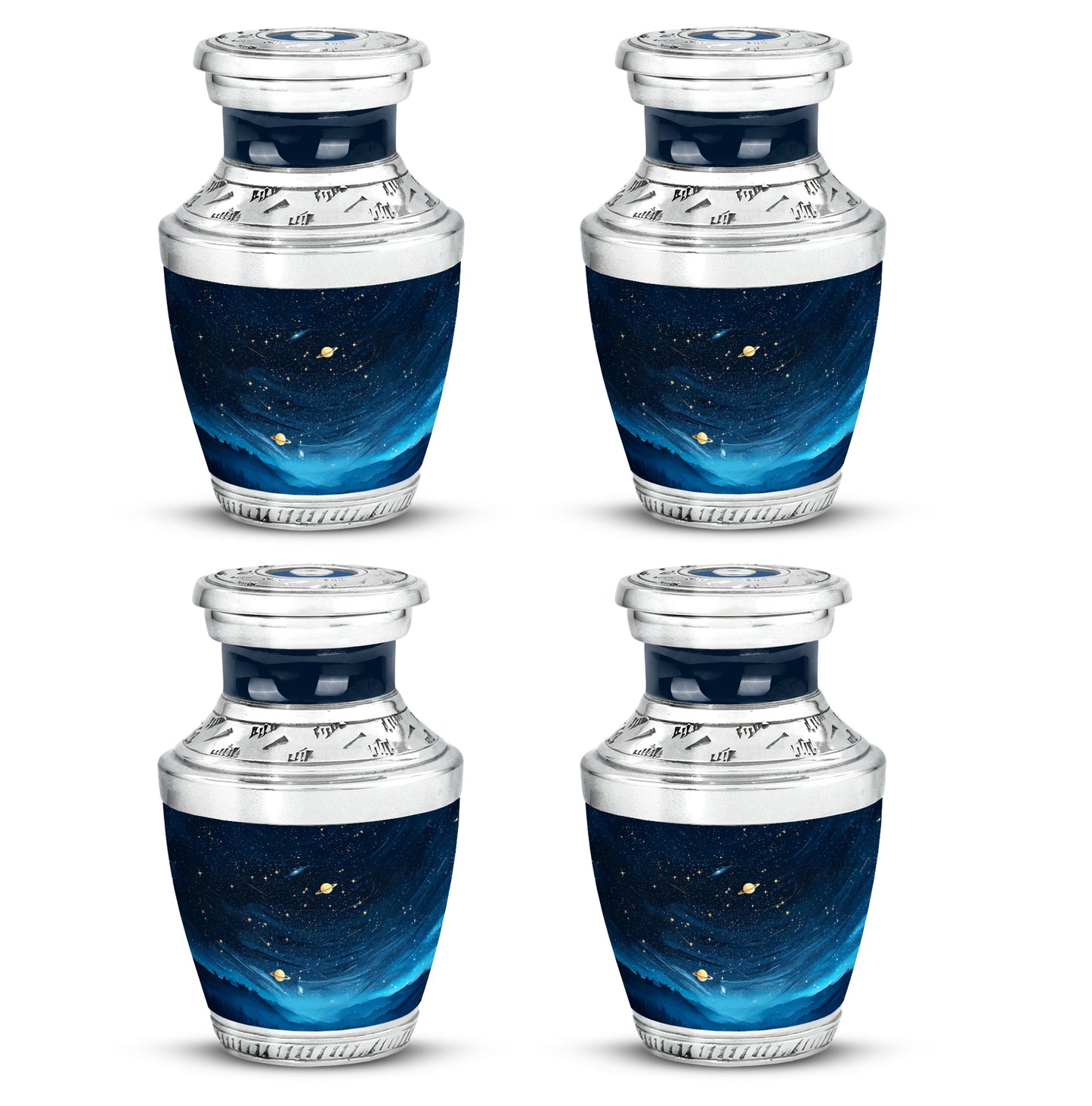 Obsidian Black Blue Cremation Urn back view with polished surface - stylized abstract blue pattern with bold lines - 10 inch aluminum urn for cremated remains