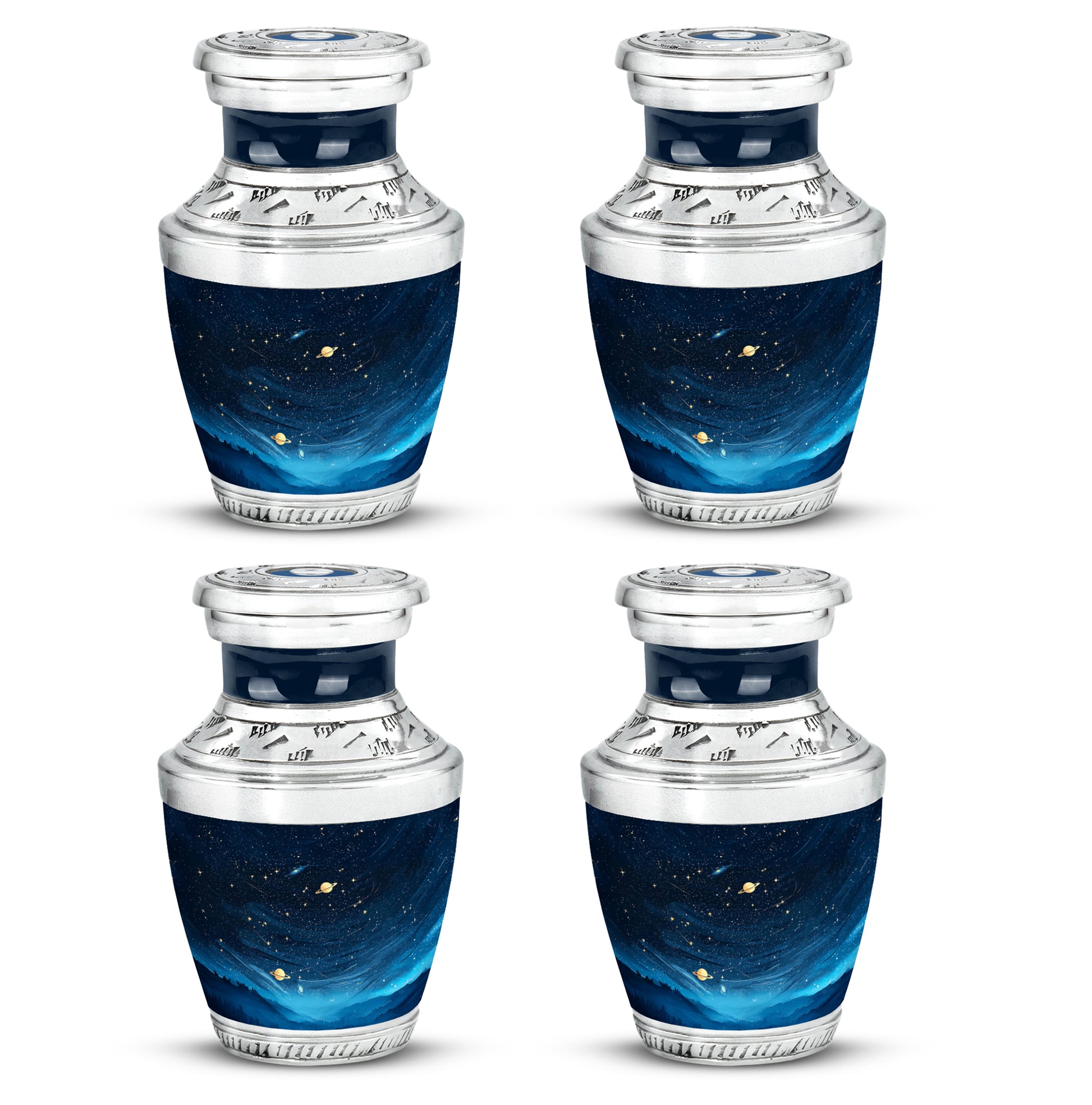 Obsidian Black Blue Cremation Urn back view with polished surface - stylized abstract blue pattern with bold lines - 10 inch aluminum urn for cremated remains