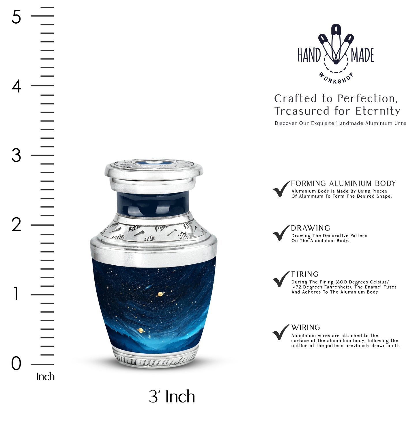 Charcoal Black Blue Cremation Urn top-down view of secure threaded lid - stylized abstract blue pattern with bold lines - mini keepsake memorial for portion of cremation ashes
