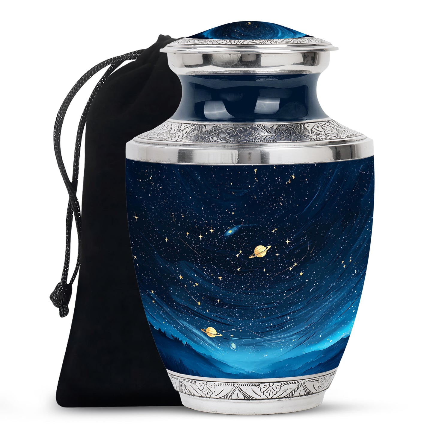 Onyx Black Blue Cremation Urn side profile showing urn shape - artistic blue interpretation with creative detail - full-size 10 inch 200 cubic inch adult cremation urn