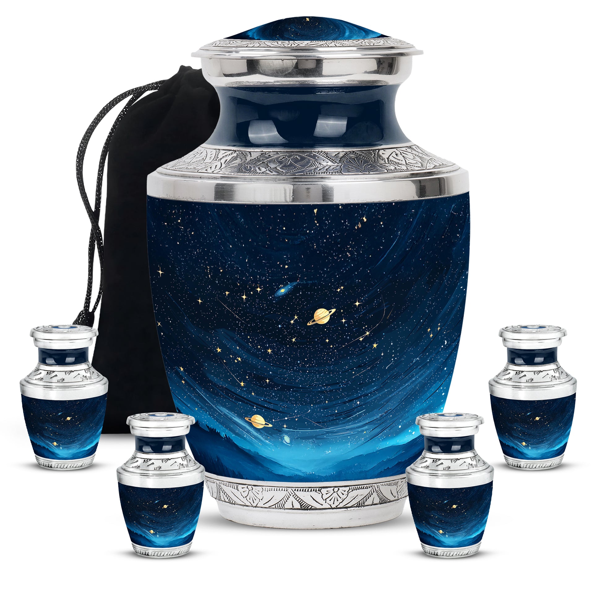 Rich Black Blue Cremation Urn lifestyle display on memorial shelf - contemporary blue design with modern artistic flair - memorial set with one large and four small urns