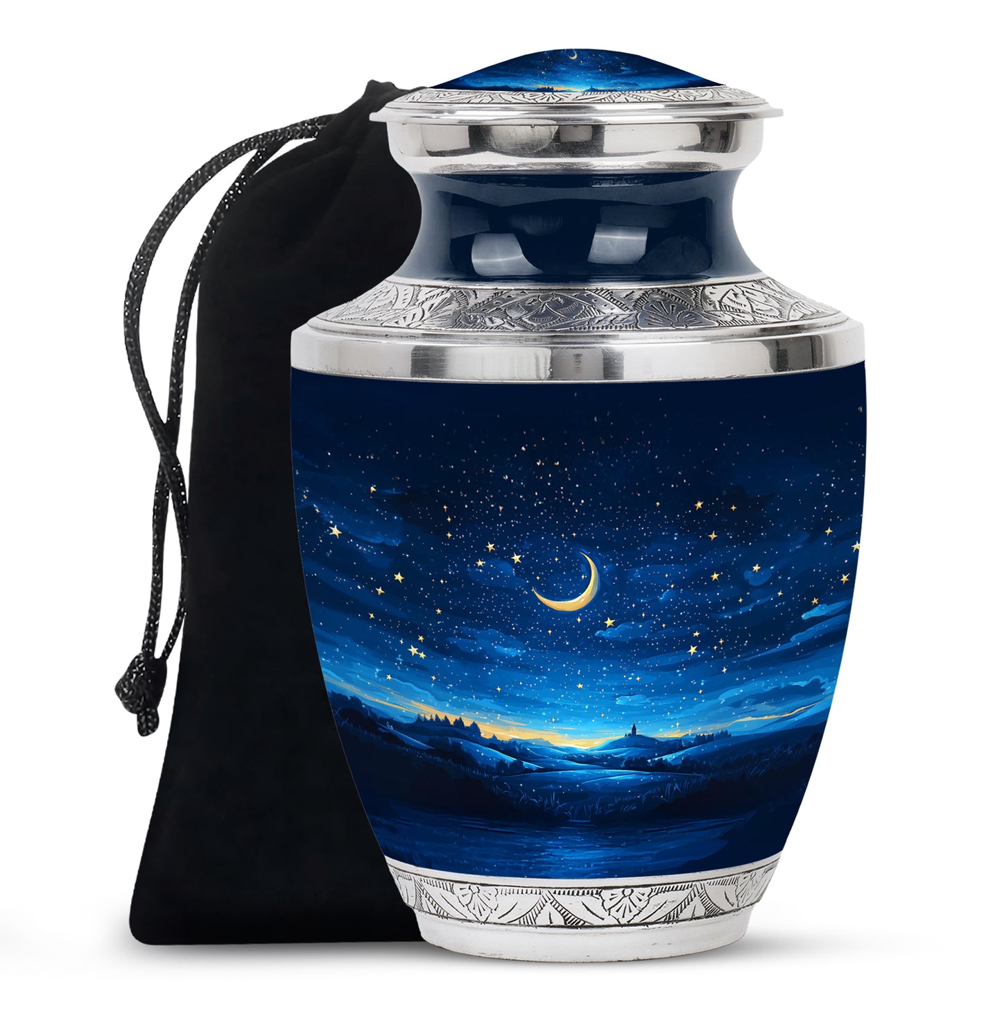 Misty Blue Blue Cremation Urn side profile showing urn shape - modern art-inspired blue motif on sleek aluminum - full-size 10 inch 200 cubic inch adult cremation urn