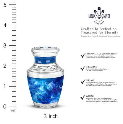 Azure Blue Cremation Urn top-down view of secure threaded lid - modern art-inspired blue motif on sleek aluminum - mini keepsake memorial for portion of cremation ashes