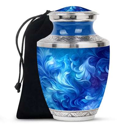 Sky Blue Blue Cremation Urn side profile showing urn shape - contemporary blue design with modern artistic flair - full-size 10 inch 200 cubic inch adult cremation urn