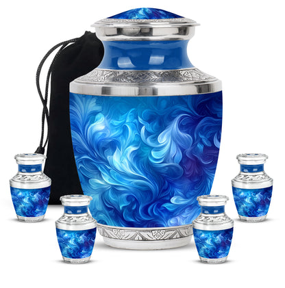 Sapphire Blue Blue Cremation Urn lifestyle display on memorial shelf - artistic blue interpretation with creative detail - memorial set with one large and four small urns