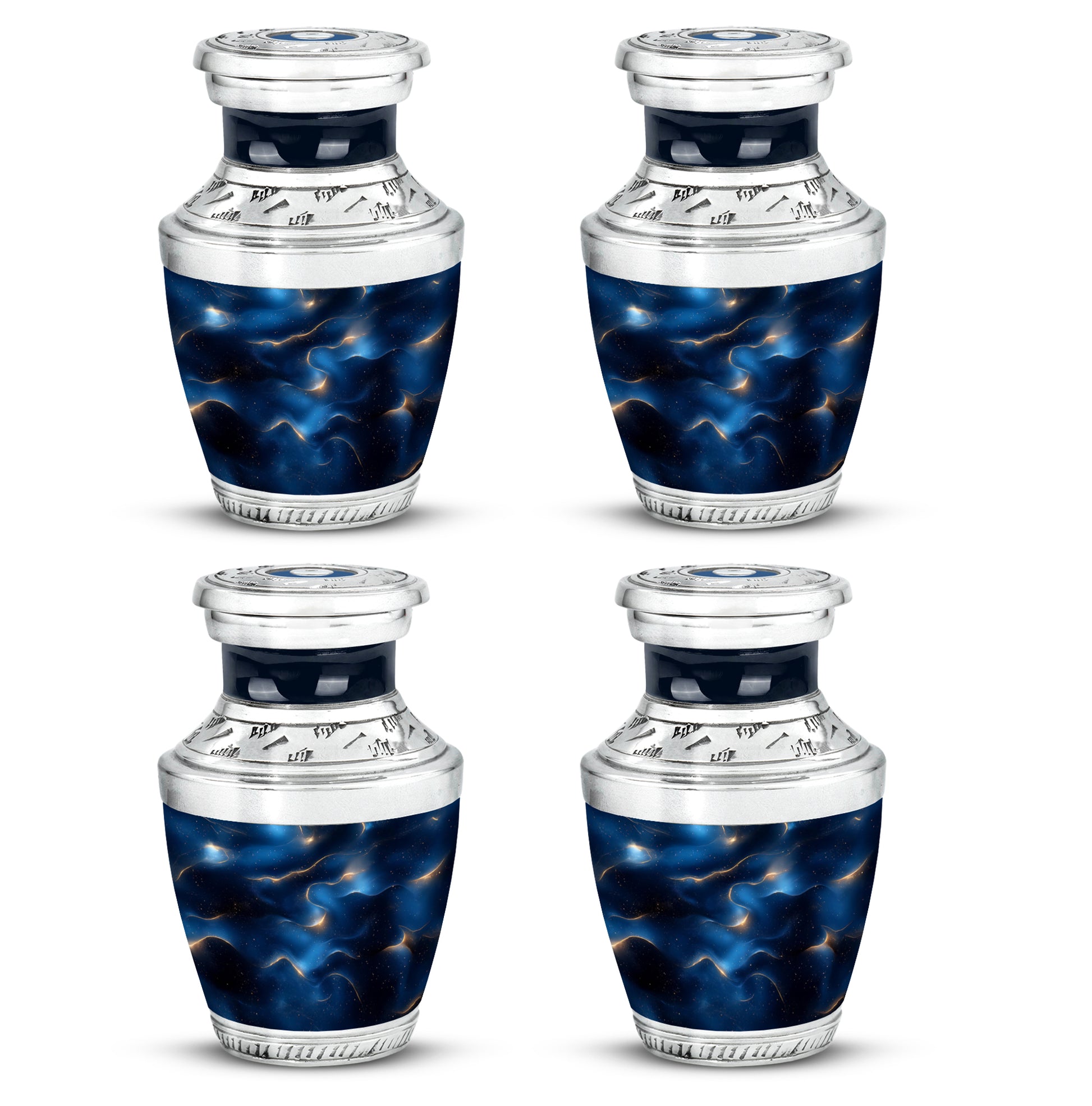 Vivid Blue Blue Cremation Urn back view with polished surface - artistic blue interpretation with creative detail - 10 inch aluminum urn for cremated remains