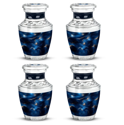 Vivid Blue Blue Cremation Urn back view with polished surface - artistic blue interpretation with creative detail - 10 inch aluminum urn for cremated remains