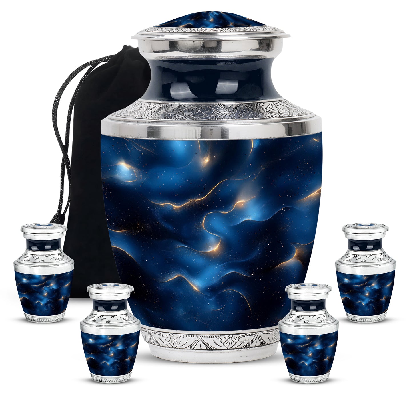 Royal Blue Blue Cremation Urn lifestyle display on memorial shelf - artistic blue interpretation with creative detail - memorial set with one large and four small urns