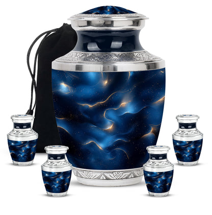 Royal Blue Blue Cremation Urn lifestyle display on memorial shelf - artistic blue interpretation with creative detail - memorial set with one large and four small urns