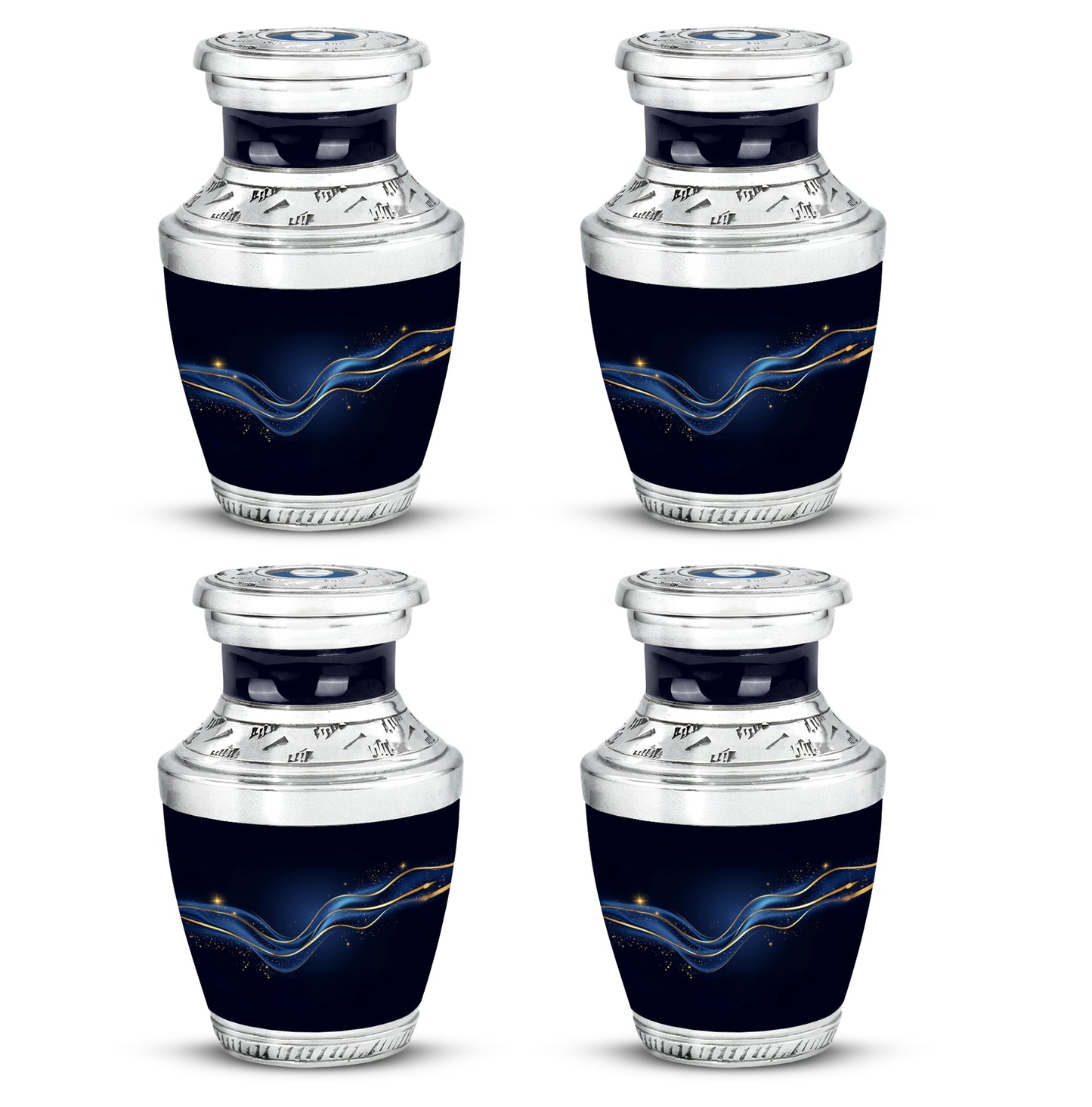 Midnight Black Blue Cremation Urn back view with polished surface - stylized abstract blue pattern with bold lines - 10 inch aluminum urn for cremated remains