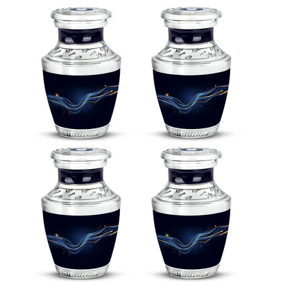 Midnight Black Blue Cremation Urn back view with polished surface - stylized abstract blue pattern with bold lines - 10 inch aluminum urn for cremated remains