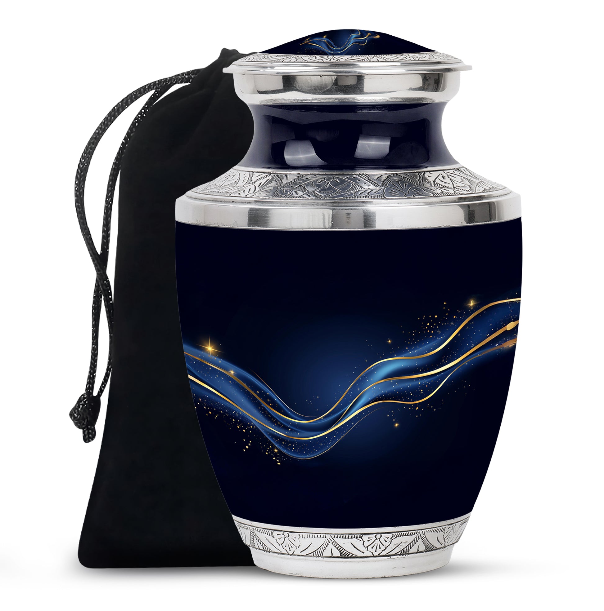 Ebony Blue Cremation Urn side profile showing urn shape - modern art-inspired blue motif on sleek aluminum - full-size 10 inch 200 cubic inch adult cremation urn