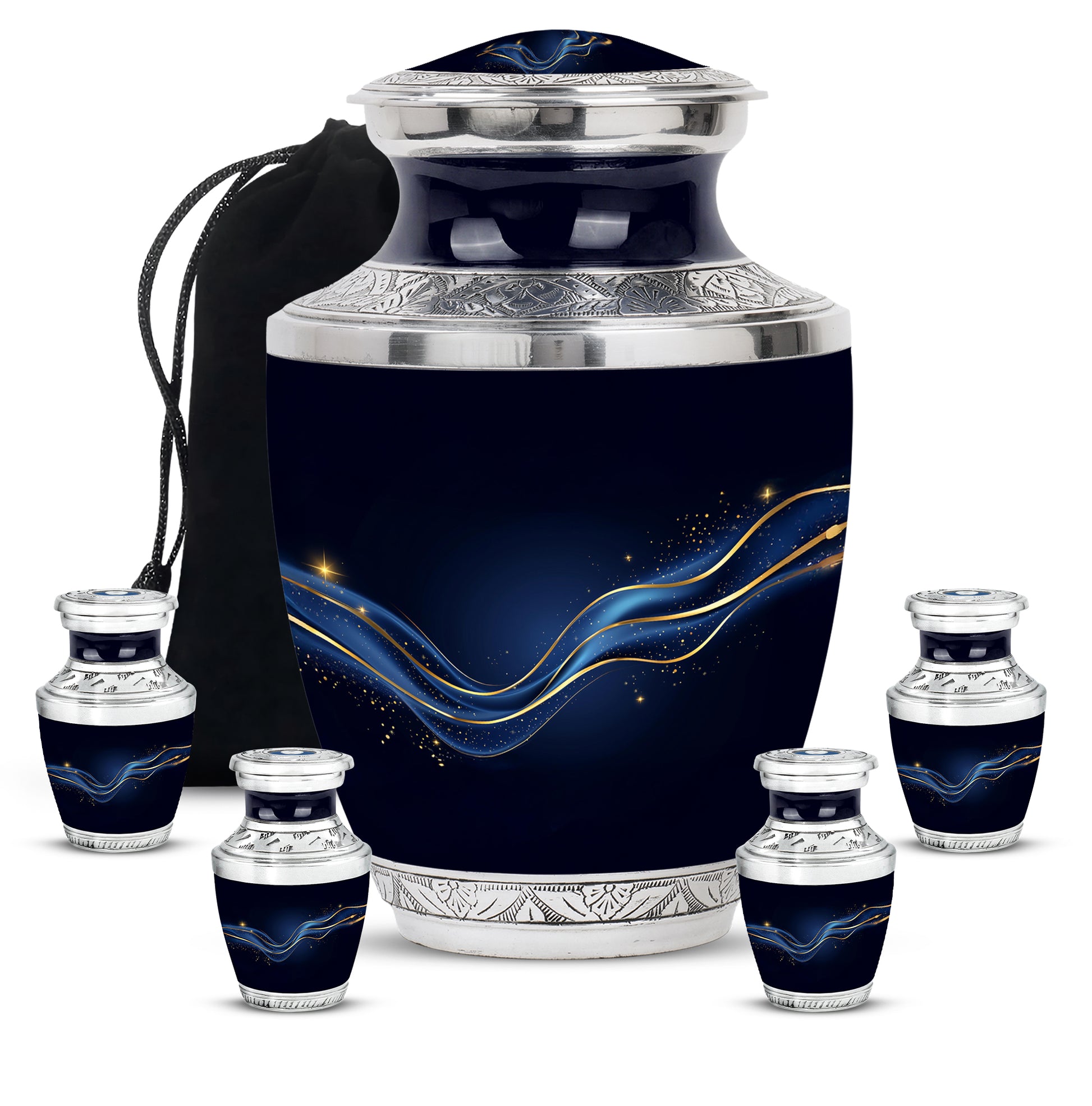 Rich Black Blue Cremation Urn lifestyle display on memorial shelf - contemporary blue design with modern artistic flair - memorial set with one large and four small urns