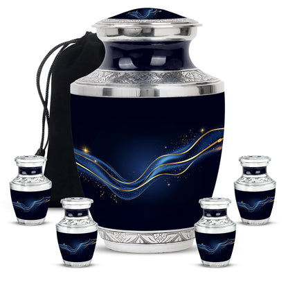 Rich Black Blue Cremation Urn lifestyle display on memorial shelf - contemporary blue design with modern artistic flair - memorial set with one large and four small urns