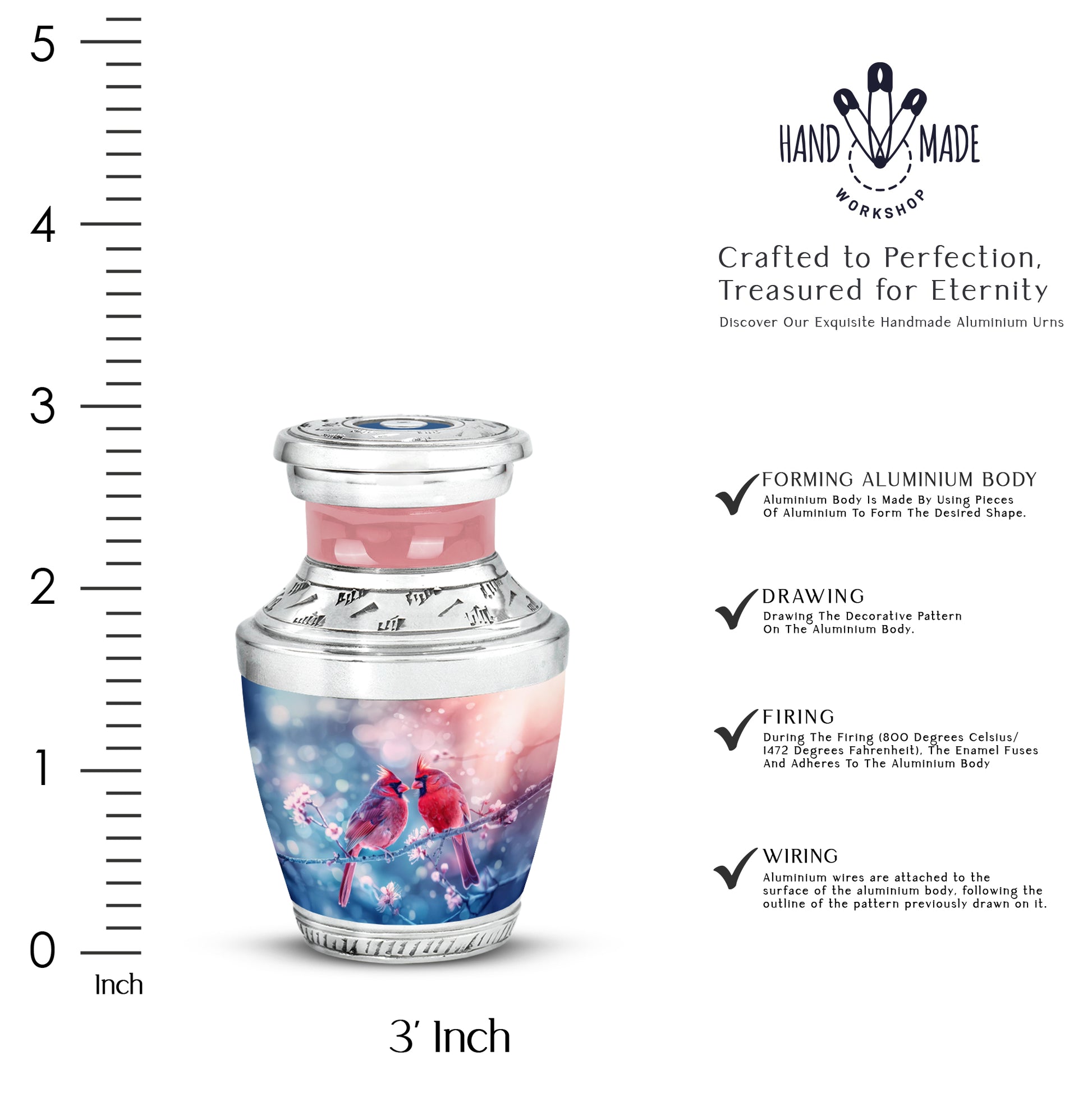 Wine Red Cardinal Cremation Urn top-down view of secure threaded lid - modern art-inspired cardinal motif on sleek aluminum - mini keepsake memorial for portion of cremation ashes