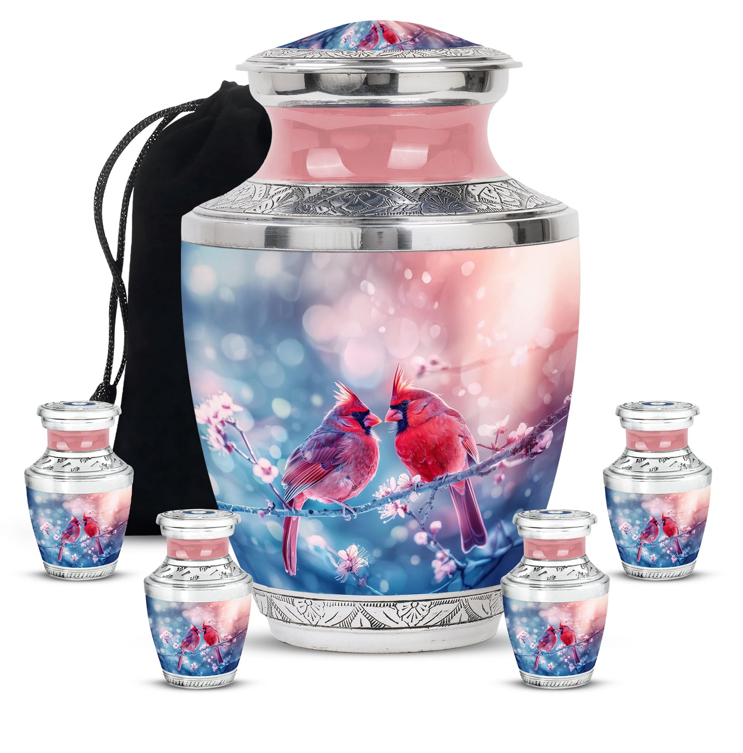 Burgundy Red Cardinal Cremation Urn lifestyle display on memorial shelf - contemporary cardinal design with modern artistic flair - memorial set with one large and four small urns