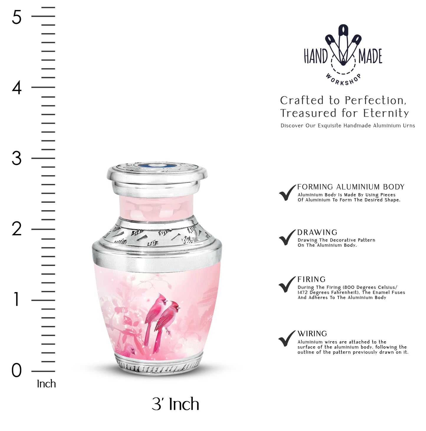 Scarlet Red Cardinal Cremation Urn top-down view of secure threaded lid - stylized abstract cardinal pattern with bold lines - mini keepsake memorial for portion of cremation ashes