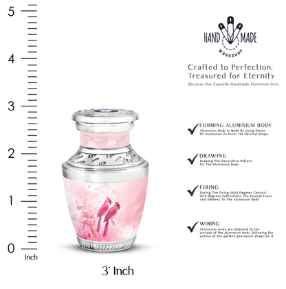 Scarlet Red Cardinal Cremation Urn top-down view of secure threaded lid - stylized abstract cardinal pattern with bold lines - mini keepsake memorial for portion of cremation ashes