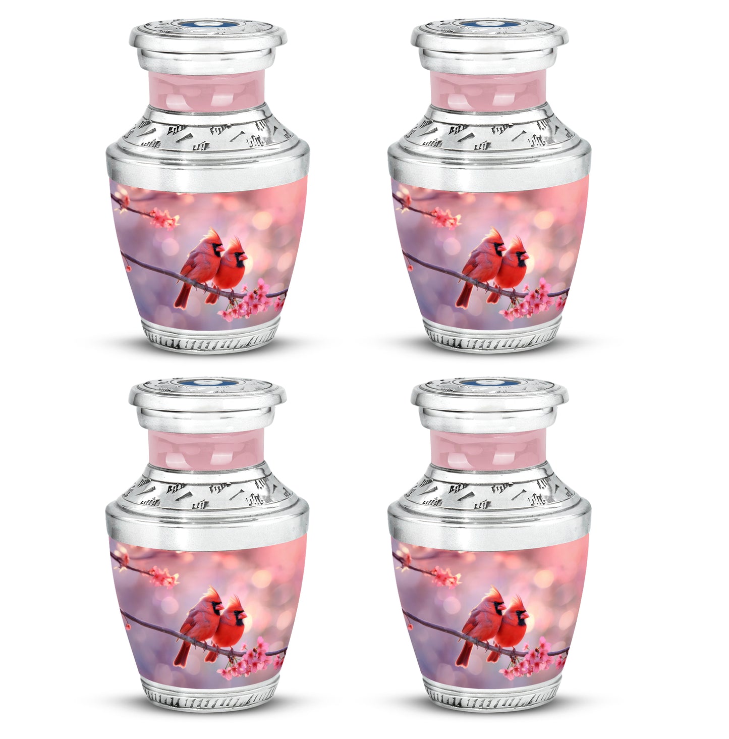 Burgundy Red Cardinal Cremation Urn back view with polished surface - modern art-inspired cardinal motif on sleek aluminum - 10 inch aluminum urn for cremated remains