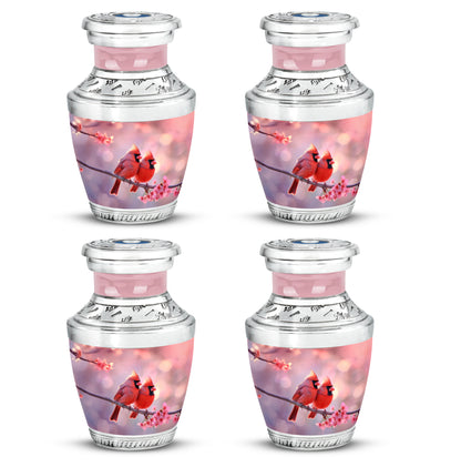 Burgundy Red Cardinal Cremation Urn back view with polished surface - modern art-inspired cardinal motif on sleek aluminum - 10 inch aluminum urn for cremated remains