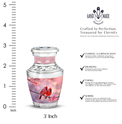 Scarlet Red Cardinal Cremation Urn top-down view of secure threaded lid - stylized abstract cardinal pattern with bold lines - mini keepsake memorial for portion of cremation ashes