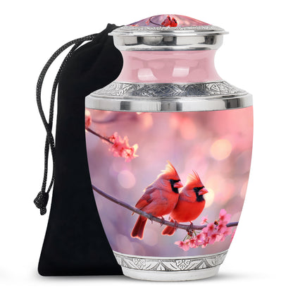 Rich Red Cardinal Cremation Urn side profile showing urn shape - stylized abstract cardinal pattern with bold lines - full-size 10 inch 200 cubic inch adult cremation urn